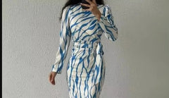 Hnewly  Women's Autumn Round Neck Graffiti Long Sleeve Maxi Dress, Striped Printed Pattern Lace Up Elegant Long Dress