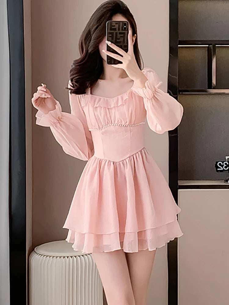 Hnewly Women Pink Patchwork Chiffon Chic Ruffled Short Dress Spring Elegant Diamonds Kawaii Dress 2024 Korean Fashion Bodycon Vestidos
