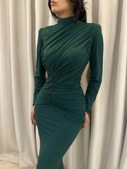 Hnewly  Cutenew Women Ruched Maxi Dress Elegant Irregular Button Half High Collar Simple Evening Birthday Party Stretch Slim Bodycon
