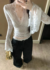 Hnewly  Women Y2K Fashion Casual Sexy V-Neck Flare Long Sleeve Sheer T-Shirts Lace Slim Tshirt Pullovers Acubi Tops Tees 2000s Clothes