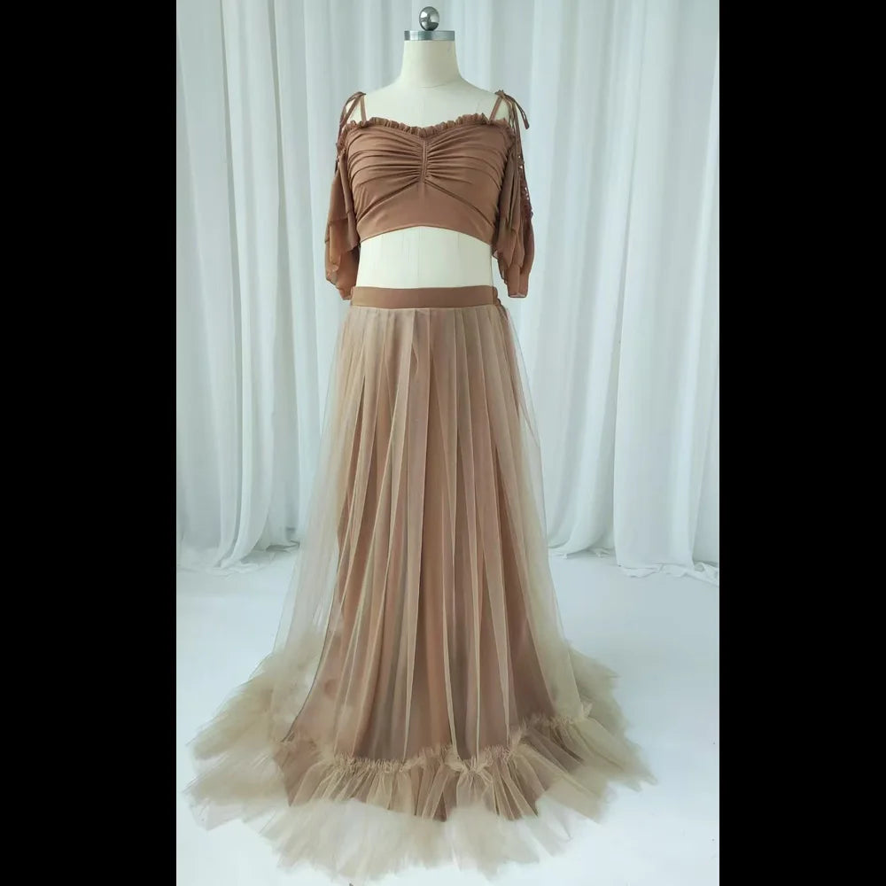 Hnewly  Maternity Dress For Photo Shoot Dress Elegant Chiffon Two-Piece Dress With Adjustable Back Straps Short Top And Mesh Lace Skirt