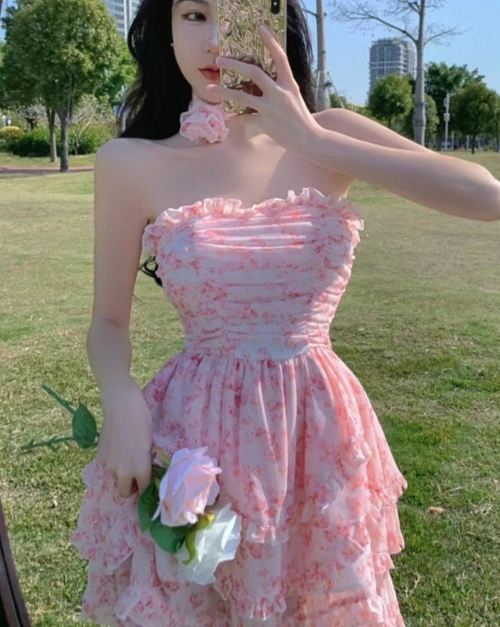 Hnewly Casual Floral Sexy Dress Women Summer Pink Sleeveless Patchwork Mini Dresses Female Elegant Party Holiday Slim Korean Dress