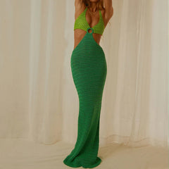 Hnewly  Boho Knitted Hollow Out Long Dress Sexy V Neck Backless Tie-up Halter Dress Chic Women Summer Beach Holiday Club Party Clothing