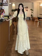 Hnewly  Women Dresses Floral Printed Puff Short Sleeve Bandage Summer Fashion Ruffles Square Collar Sweet Elegant Dress Female