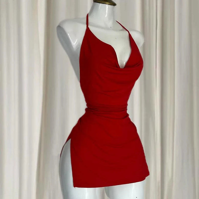 Hnewly Backless Bandage Dress Sexy Girl Black V Neck Elegant Irregular Slim Sweet Korean Women Mini Dresses 2025 New Fashion Nightclub