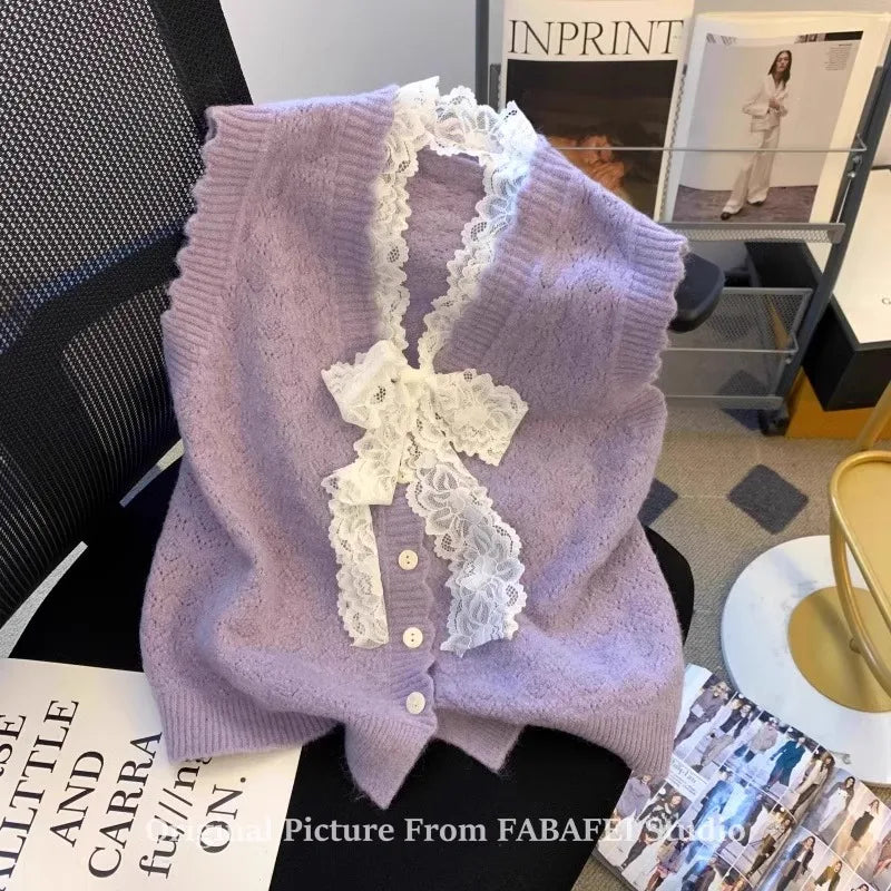 Hnewly  Elegant Lace Bow Sweater Vest Women's 2025 New Spring Autumn Sleeveless V-neck Knitted Pullover Korean Version Versatile Top