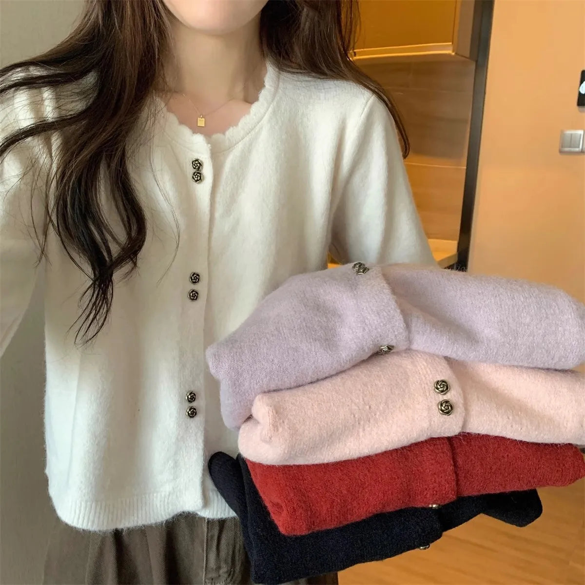 Hnewly  Sweet Short Hollowed Out Sweater Chic Buttons Long Sleeved Knitted  Cardigan Jacket Korean series Round Neck Loose Top