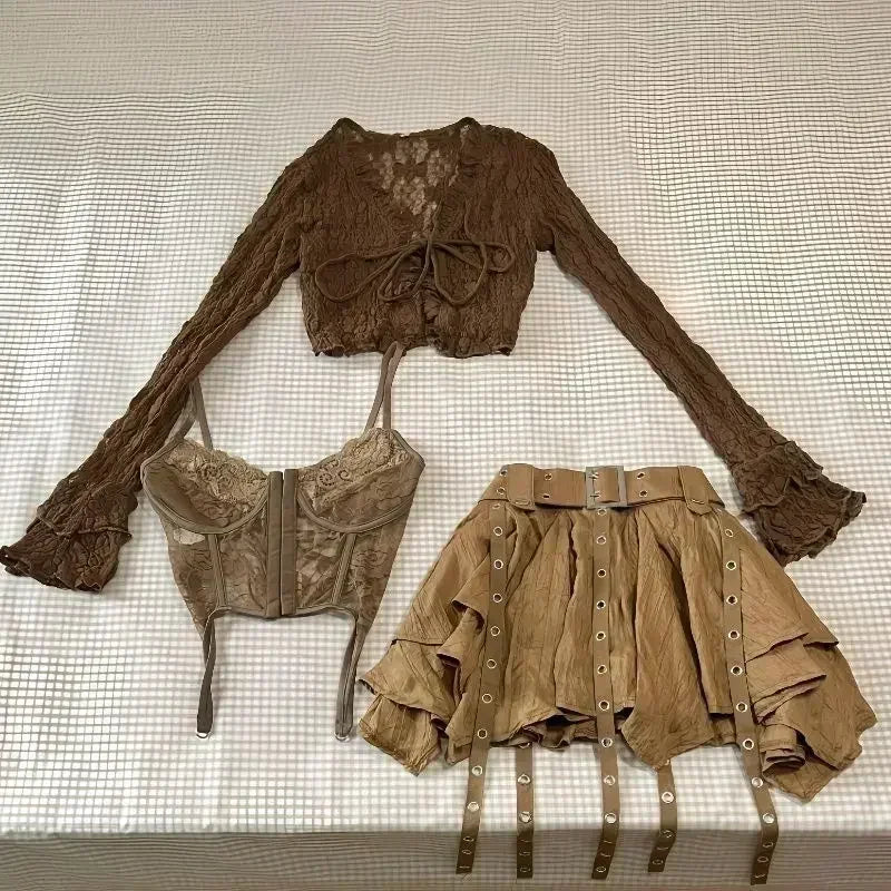 Hnewly Woman Aesthetics Fashion 3 Piece Set Spicy Girls Short Cardigan + Solid Sleeveless Tops + High Waist Y2k Mini Skirt Korean Style