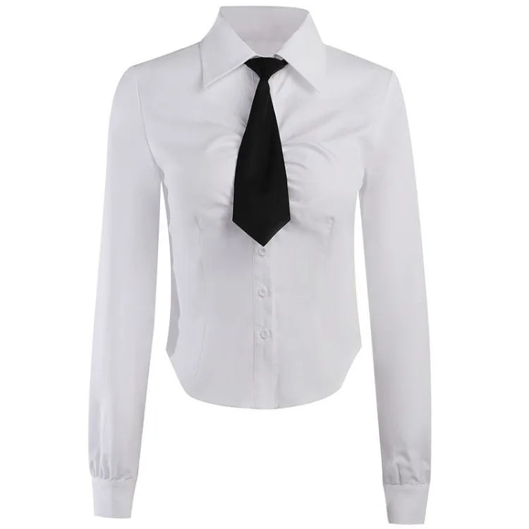 Hnewly cute professional outfits Simple Lapel Neck Long Sleeve White Shirts Women+ Sexy Slim Waist Lace Up Strap Dress Early Autum New Two Piece Sets