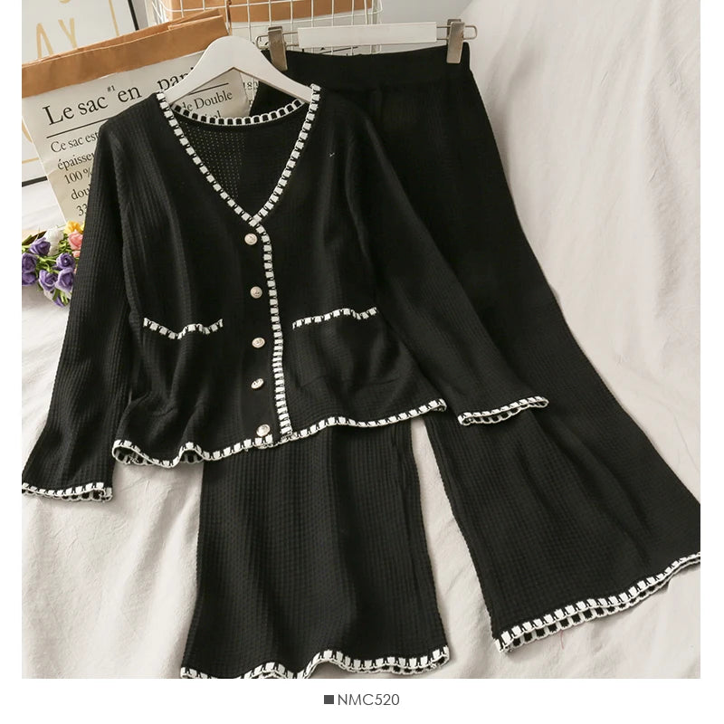 Hnewly  Autumn Spliced Color Knitted 2 Piece Sets Women Elegant V-neck  Single Breasted Cardigan And High Waist Wide Leg Pants Suit