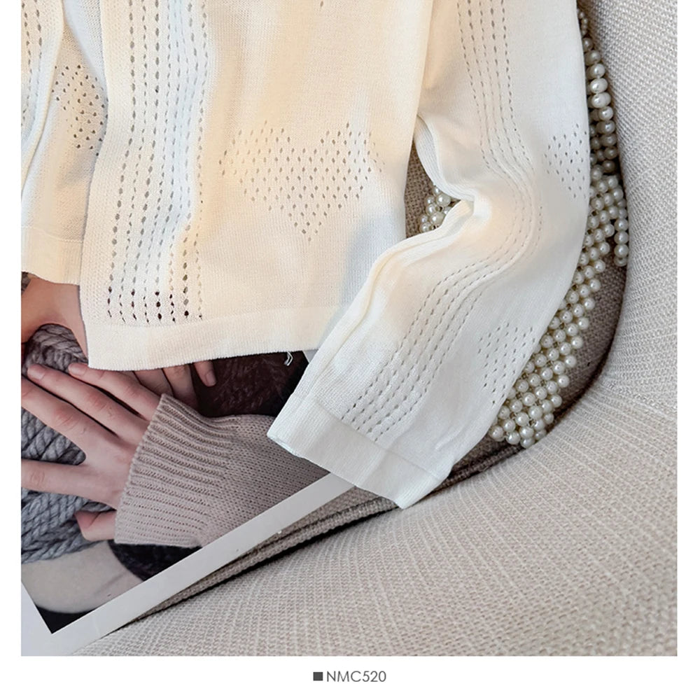 Hnewly  Sweet Lace Trim Heart Hollow Knit Cardigan Women's V-Neck Long Sleeve Early Autumn Bow Tie Loose Fit Female Short Tops