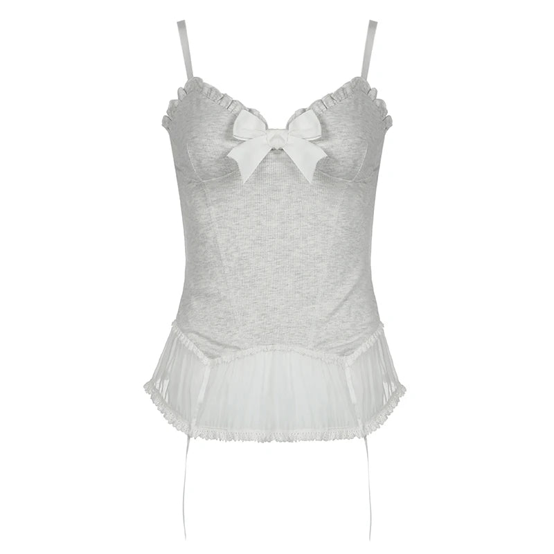 Hnewly Bow Frill Camis Women Slim Fit Stretchy Tank Top Y2K Aesthetic Mesh Stitching Hem Sleeveless Crop Tops Kawaii Clothes