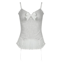 Hnewly Bow Frill Camis Women Slim Fit Stretchy Tank Top Y2K Aesthetic Mesh Stitching Hem Sleeveless Crop Tops Kawaii Clothes