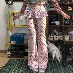 Hnewly  Harajuku Kawaii Sweet Star Pants for Women Fake Two Piece Pink Wide Leg Pants Autumn Thin Slim Waist Skirts Pants