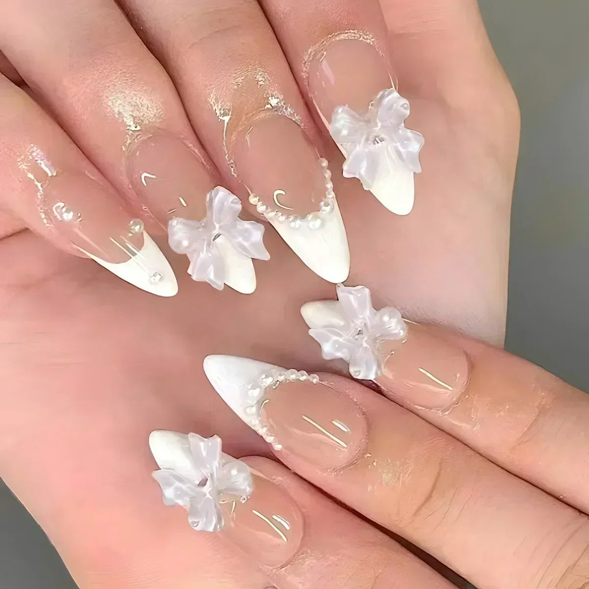 Hnewly 24Pcs White Almond False Nails Ballet with French Design Wearable Fake Nails Gradient Simple Full Cover Press on Nail Tips Art