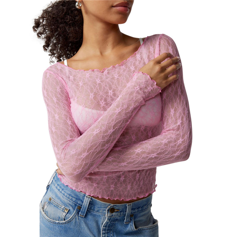 Hnewly Lace Tops for Women y2k Clothes Sheer See Through Round Neck Long Sleeve Ruched T Shirt 2000s Clothing Party Clubwear