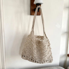 Hnewly  Women Handmade Cotton Rope Woven Shoulder Bag Hollowed Out Beach Vacation Tote Handbag
