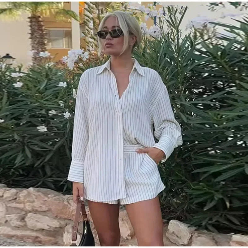 Hnewly  Casual Hollow Out Lace Up Shirt Shorts Sets Women Lapel Full Sleeve Buttons Shirts Wide Leg Short Pants Summer Lady Suit