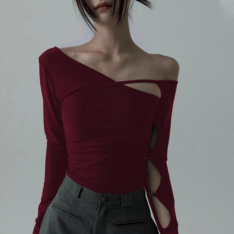 Hnewly Sexy Oblique-neck Long Sleeve T Shirt Y2K Spring Women Hollow Out Off Shoulder Bodycon Crop Top Casual Streetwear Tees