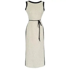 Hnewly  Sleeveless Contrast - Detailed Maxi Dress for Women, Tie - Waist Long Dress with Belt, Ideal for Party