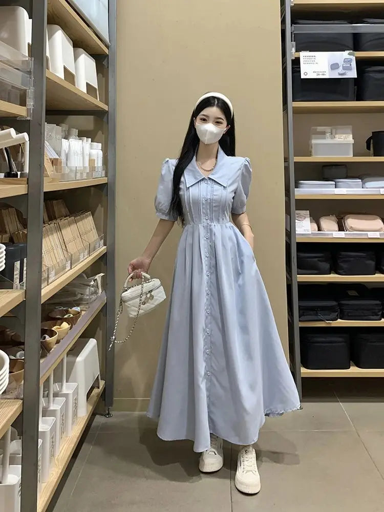 Hnewly  Women Dress Preppy Style Peter Pan Collar Short Sleeve Sweet Single Breasted Elegant Fashion Female Dresses Casual