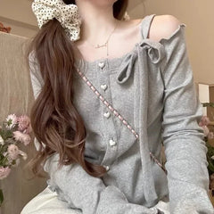 Hnewly 2025 spring fashion trend New Fashion Sweet Off Shoulder Bow Lace Up Sweaters Slim Fit Tops Women Y2k Grunge Long Sleeve Cardigan Mujer