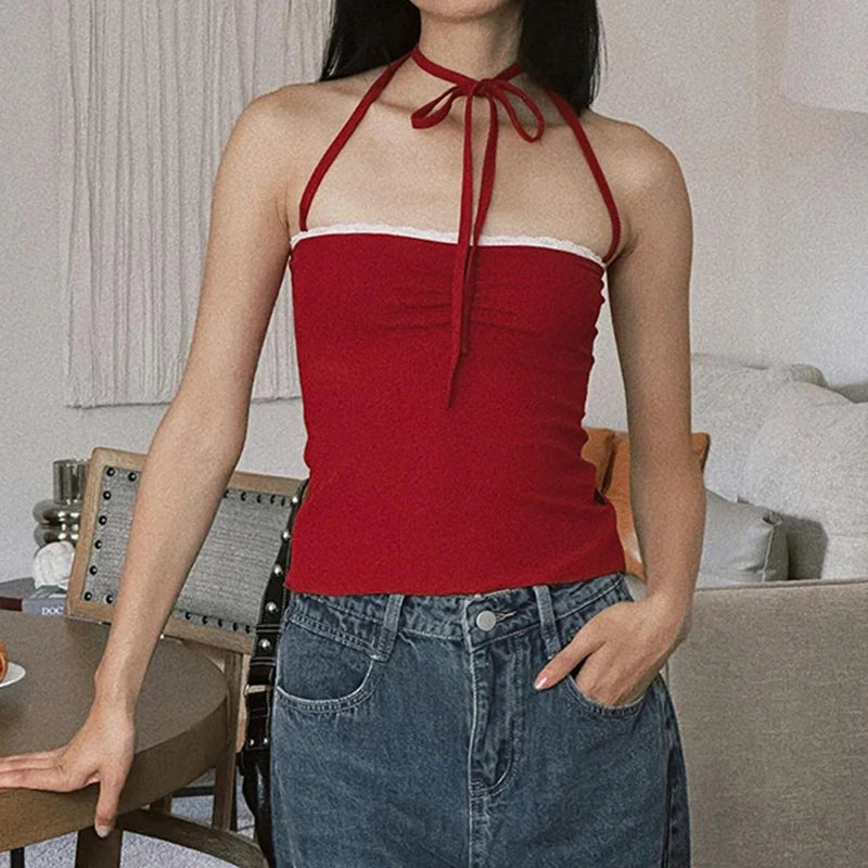 Hnewly Fashion Red Lace Trim Folds Skinny Halter Top Summer Backless Off Shoulder Y2K Holidays Crop Top Sexy Women's Clothes