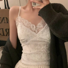 Hnewly Tank Tops Women Velvet Lace Patchwork Sexy Padded Slim Crop Sleeveless Camisole Tender Comfortable Y2K New Stylish V-neck Teens