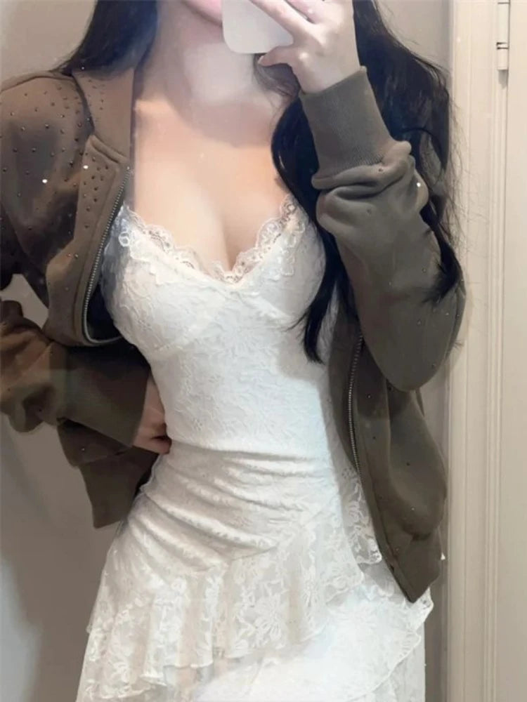 Hnewly 2000s Vintage Y2k Mini Dress Women Casual Sexy Irregular Design Lace Strap Party Dress Bodycon Summer Retro Y2k Fairy Sleeveless