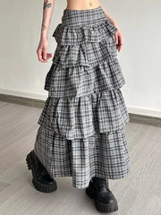 Hnewly  Vintage Plaid Skirt Women Preppy Style Sweet Ruffle Cake Long Skirt Harajuku Fashion Patchwork Layered Skirts Street