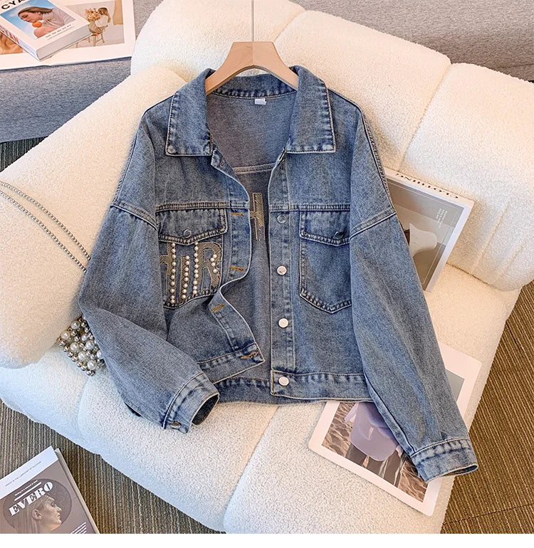 Hnewly  Nail Bead Denim Jacket For Women's Spring Autumn 2025 New Style Loose Versatile Long Sleeved  Turndown Collar Coat Top