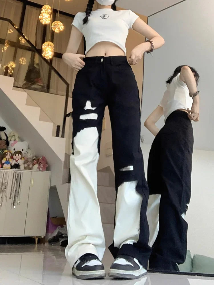 Hnewly  Trend Street Black White Denim Pants Women Y2k E-Girl High Waist Irregular Trousers Summer Loose Straight Wide Leg  Jeans