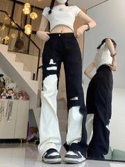 Hnewly  Trend Street Black White Denim Pants Women Y2k E-Girl High Waist Irregular Trousers Summer Loose Straight Wide Leg  Jeans