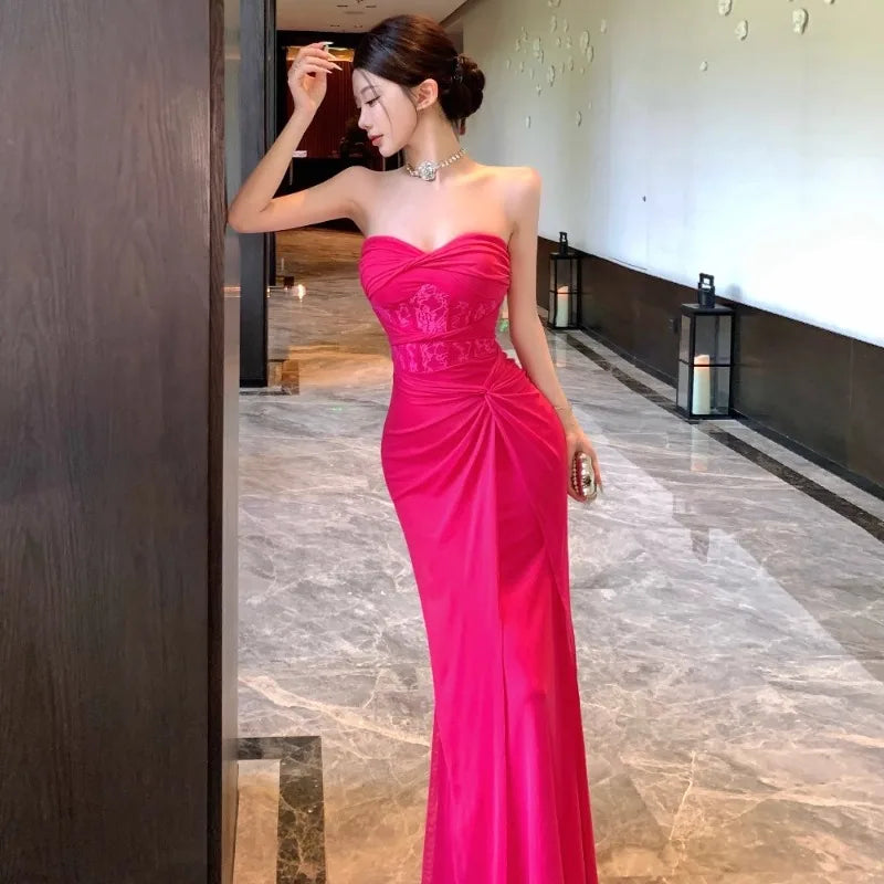 Hnewly  Dresses Women Sexy Lace Patchwork Strapless Slim Ruched Backless Temperament Cocktail Dress Party Female Fashion