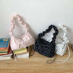 Hnewly  Women Polka Dot Underarm Bag Large Capacity Crossbody Bag Retro Drawstring Pleated Dumpling Bag for Outdoor Travel Clutch Purse