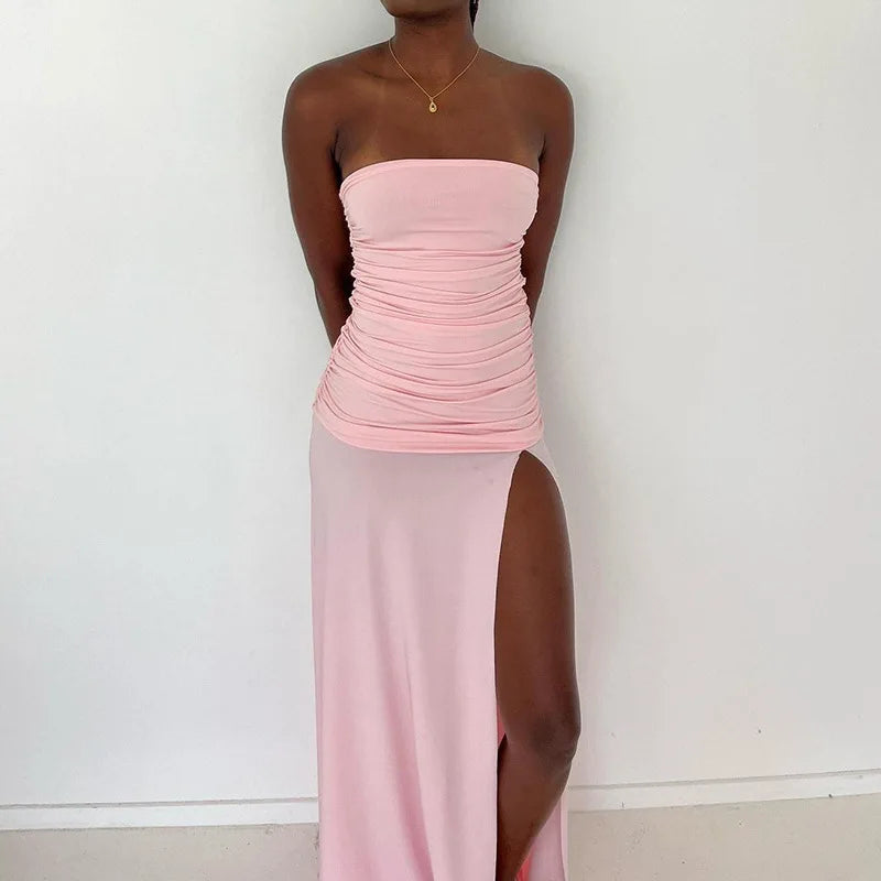 Hnewly  Pleated Strapless Slit Dress For Women Summer New Solid Splice Long Dress Ins Hot Summer Beach Vacation Dress New