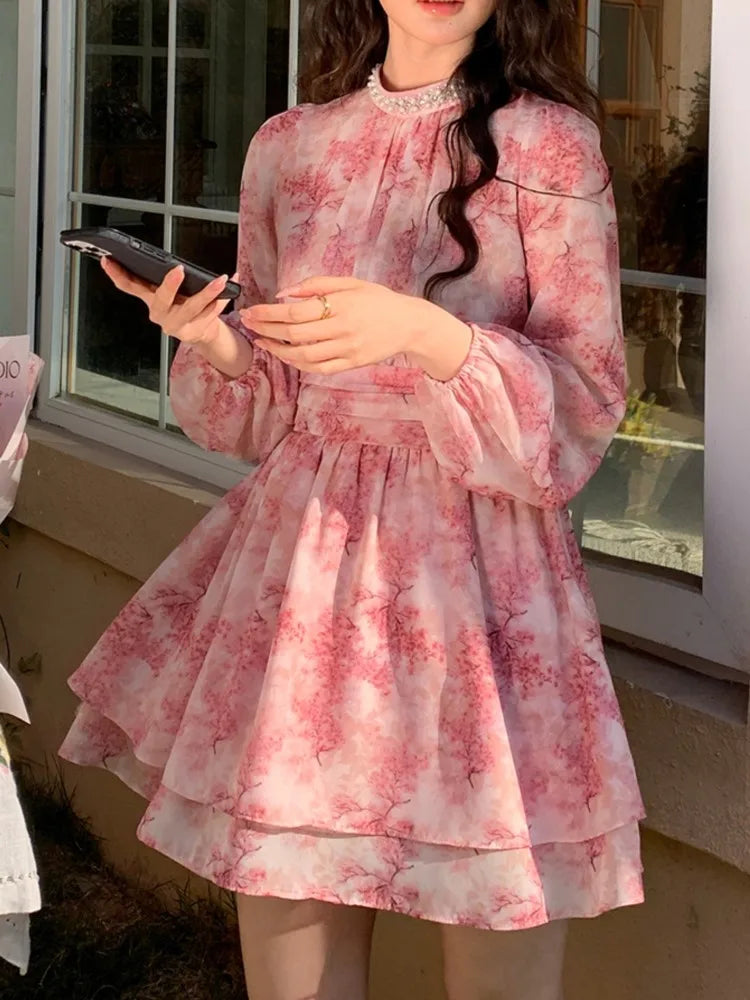 Hnewly Women's New Elegan Print t Dresse Fashion A-Line O-Neck Lantern Sleeve Slim Waist Short Vestidos FrenchCasual Holiday Summer