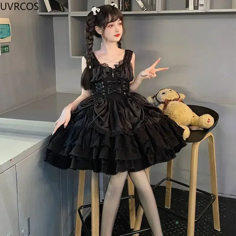Hnewly Japanese Victorian Gothic Lolita Dress Women Punk Style Sweet Lace Bow Eveing Party Dresses Harajuku Y2k Cosplay Princess Dress