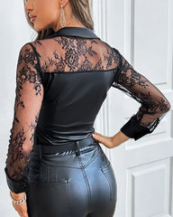 Hnewly Contrast Lace PU Leather Button Down Blouses & Shirts Women Top