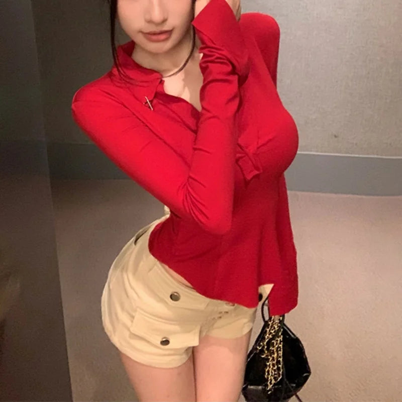 Hnewly Gothic Top y2k Clothes Women Lapel Collar Long Sleeve Asymmetrical Hem T Shirt 2000s Fairycore Clothing Streetwear
