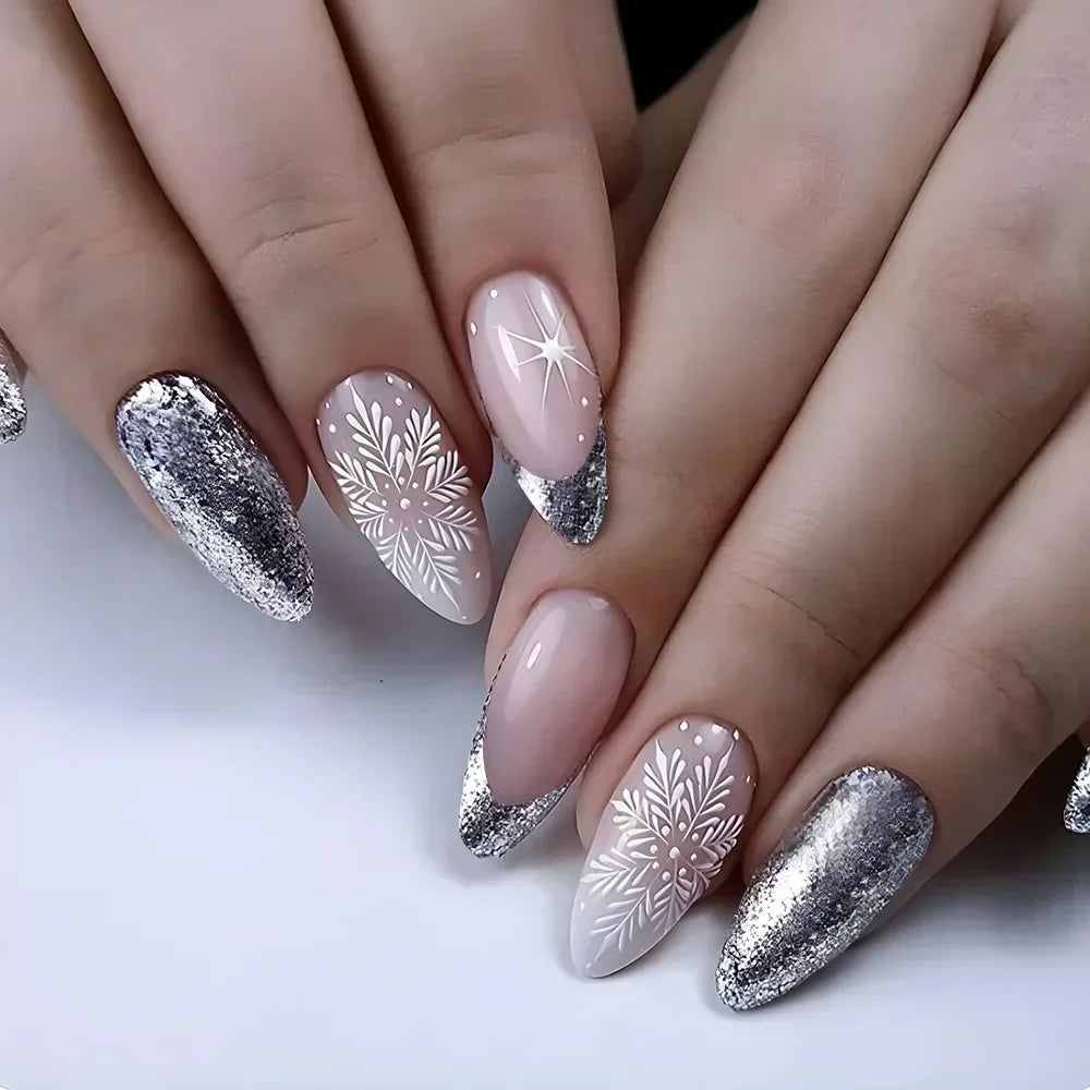 Hnewly 24Pcs French Gold Edge Wearable Almond Press on Fake Nails Simple Pearl Decoration False Nails with Glue Full Over Manicure Tips