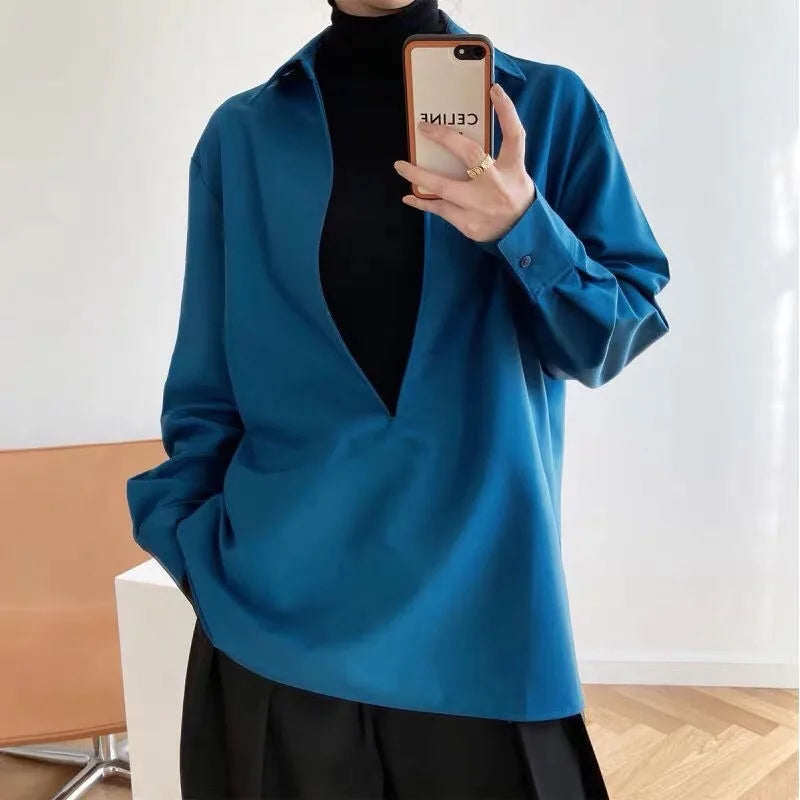 Hnewly V-neck Blouses Women Tops Shirt Retro Corduroy Solid Loose Simple Office Ladies Korean-style Leisure Elegant Comfortable