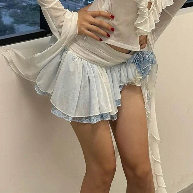 Hnewly Fashion Lace Women Mini Skirt Y2K Ladies Asymmetrical Ruffle Slim Female Short Dresses Sexy Women's Summer Skirts