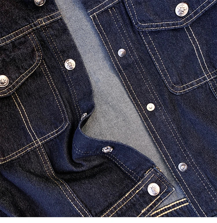 Hnewly  Deep Blue Short Sleeve Denim Jacket For Women Spring/Summer Lapel  Single Breasted Korean Loose All-Match Short Casual Top