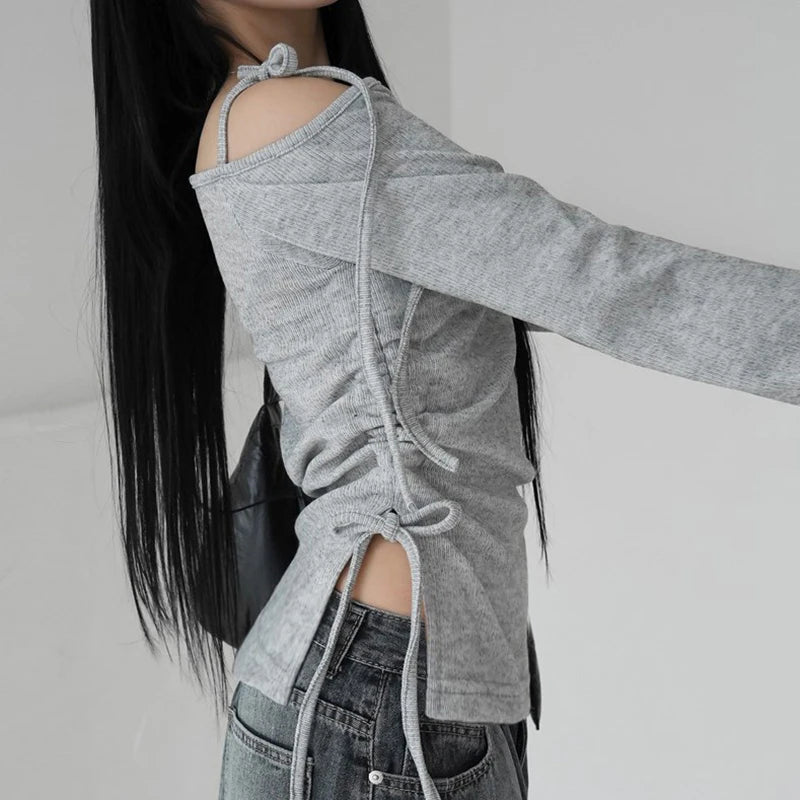 Hnewly Asymmetrical Off-shoulder Crop Top Grey Bandage Drawstring Long Sleeve Knitted T Shirts Korean Fashion Casual Tees Women