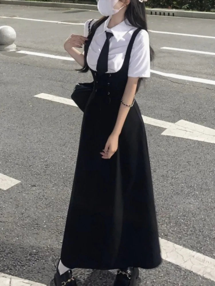 Hnewly cute professional outfits Simple Lapel Neck Long Sleeve White Shirts Women+ Sexy Slim Waist Lace Up Strap Dress Early Autum New Two Piece Sets
