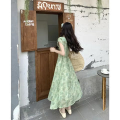 Hnewly  French Celebrity Lotus Leaf Edge Floral Dress Xia Xin Holiday Waist Skinny Lace-Up Collar Long Dress