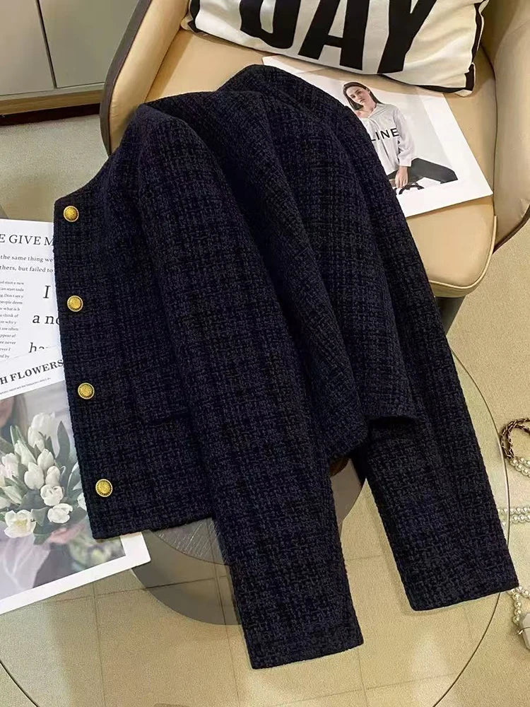 Hnewly Korean Plaid Tweed Jacket Women Y2K Elegant Office Lady O Neck Casual Crop Coats Autumn Single Breasted All Match Female Outwear