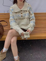 Hnewly  Woman Fair Isle Sweater Polo Collar Button Front Cozy Knit Pullvers Jumper Female Autumn Winter Preppy Vintage Outfit