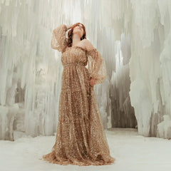 Hnewly  Brown Pearl Sequin Transparent Mesh One Shoulder Dress Maternity Dress Photoshoot Props Pregnant Women Photography Dress